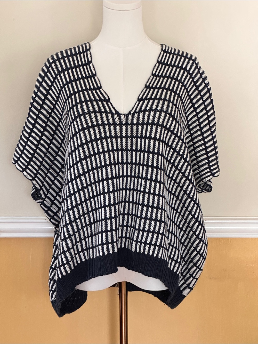 Free People 100% Cotton Navy and White Knit V-Neck Poncho